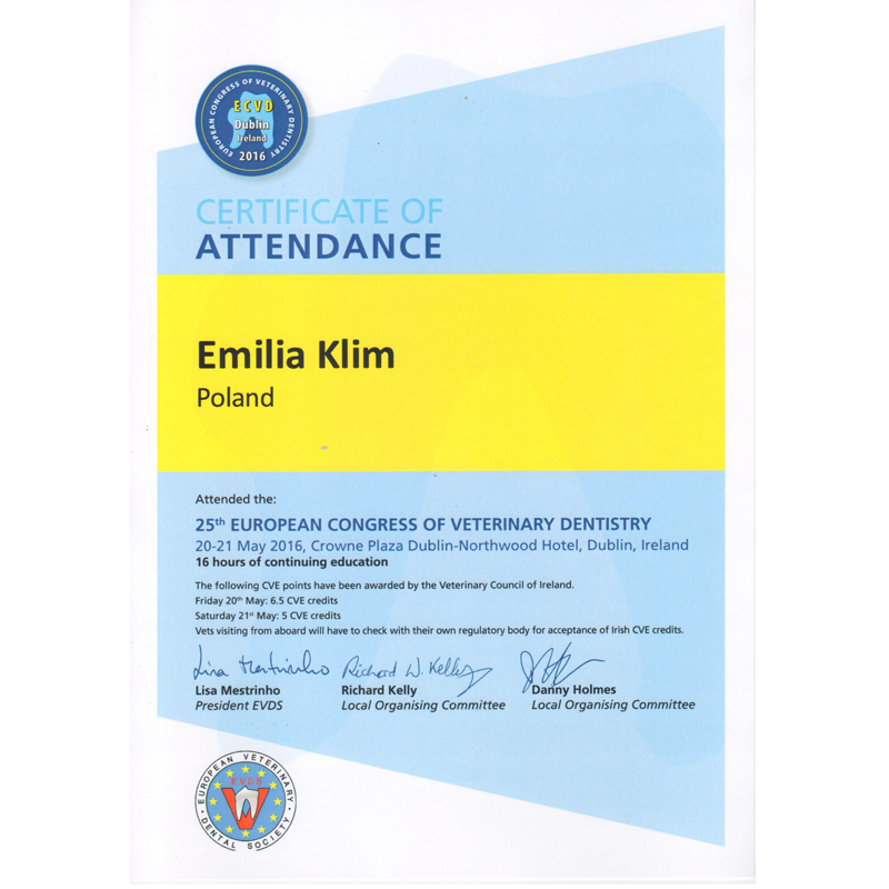 Dyplom z 25-go Europejskiego Kongresu Stomatologii Weterynaryjnej w Dublinie (2016)